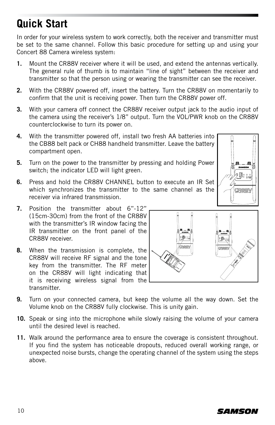 Quick start | Samson Concert 88 CR88XV Camera-Mount Wireless Receiver (D: 542 to 566 MHz) User Manual | Page 10 / 68