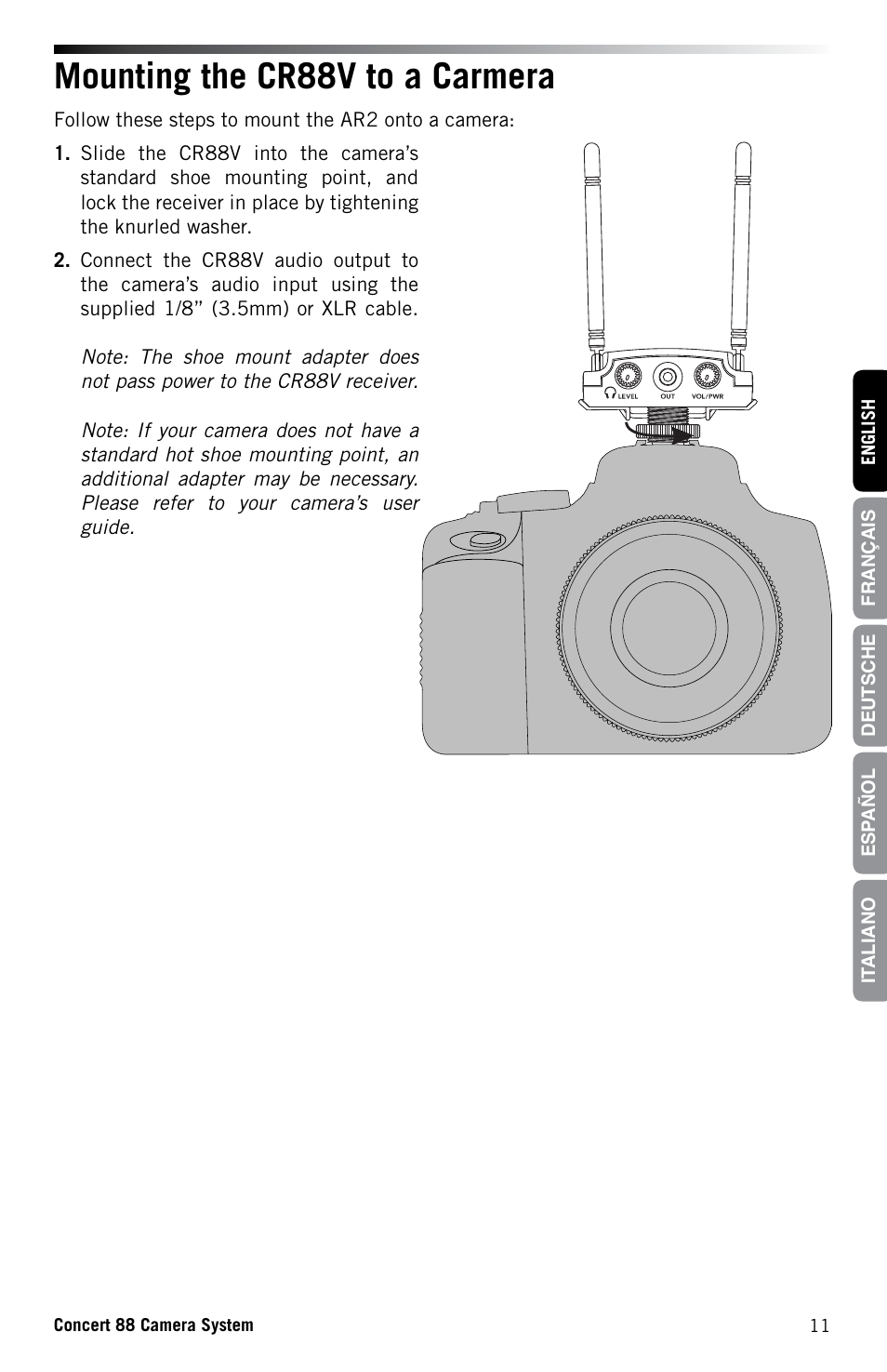 Mounting the cr88v to a carmera | Samson Concert 88 CR88XV Camera-Mount Wireless Receiver (D: 542 to 566 MHz) User Manual | Page 11 / 68