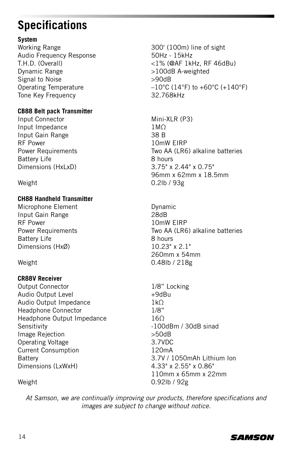 Specifications | Samson Concert 88 CR88XV Camera-Mount Wireless Receiver (D: 542 to 566 MHz) User Manual | Page 14 / 68