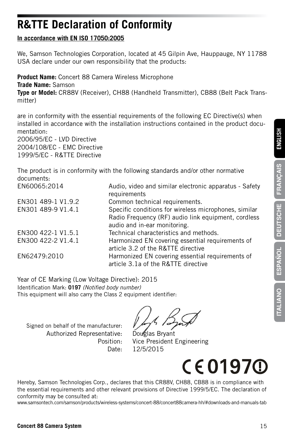 R&tte declaration of conformity | Samson Concert 88 CR88XV Camera-Mount Wireless Receiver (D: 542 to 566 MHz) User Manual | Page 15 / 68