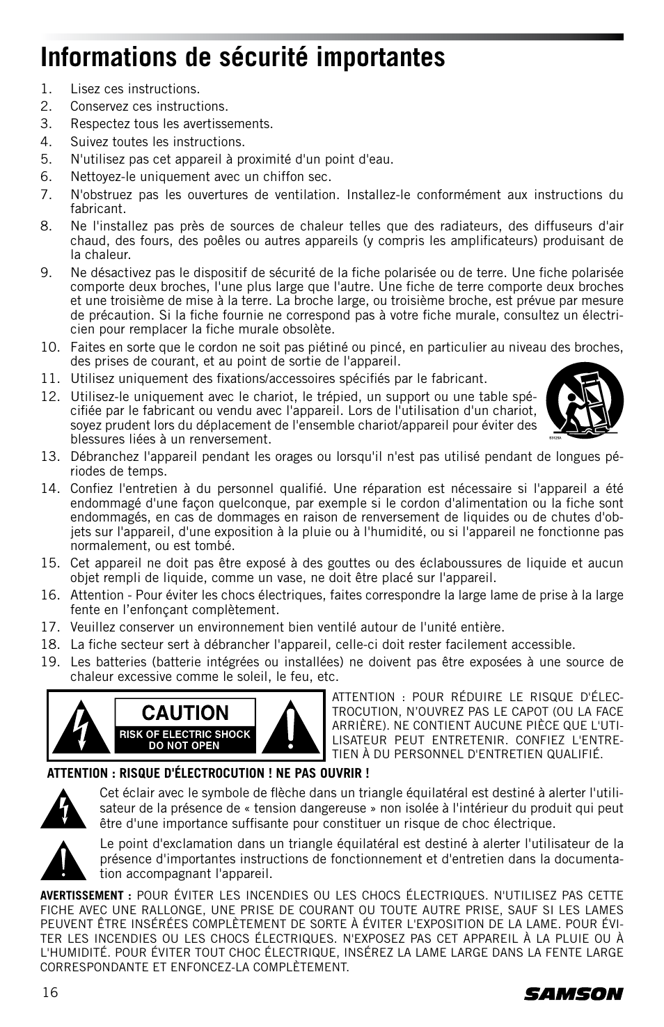 Informations de sécurité importantes | Samson Concert 88 CR88XV Camera-Mount Wireless Receiver (D: 542 to 566 MHz) User Manual | Page 16 / 68