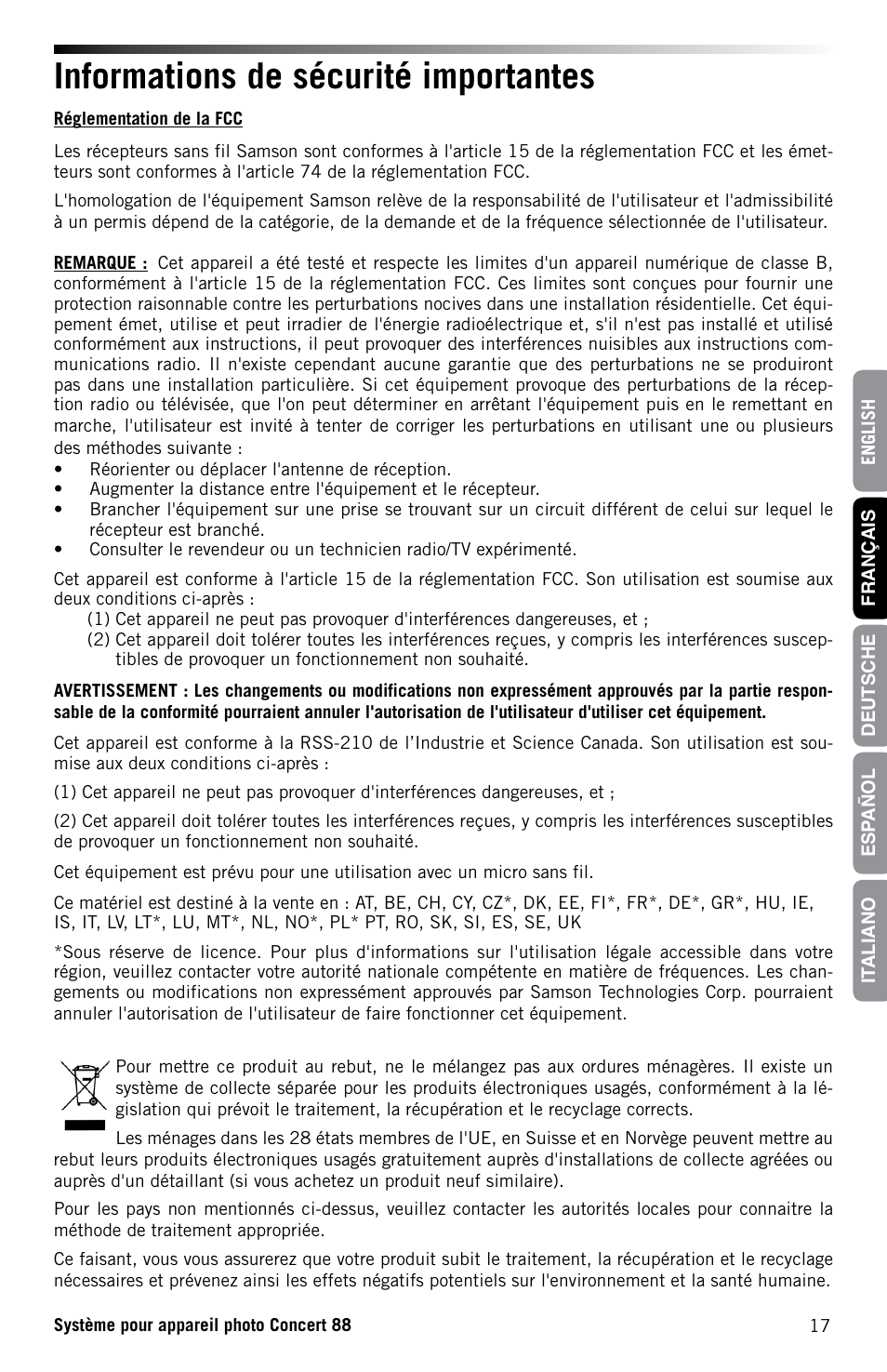 Informations de sécurité importantes | Samson Concert 88 CR88XV Camera-Mount Wireless Receiver (D: 542 to 566 MHz) User Manual | Page 17 / 68