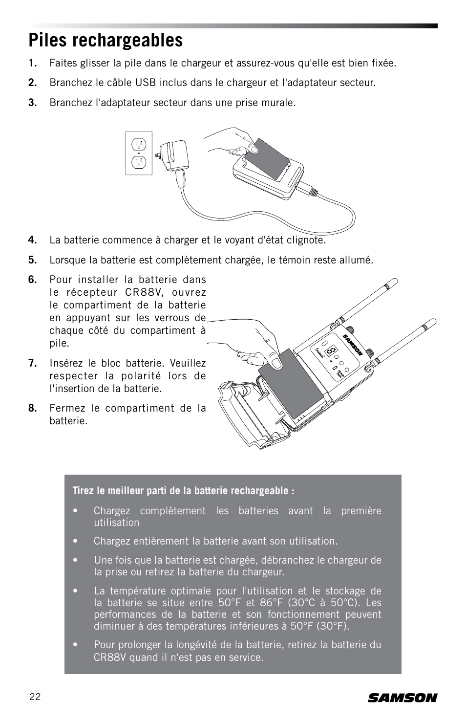 Piles rechargeables | Samson Concert 88 CR88XV Camera-Mount Wireless Receiver (D: 542 to 566 MHz) User Manual | Page 22 / 68