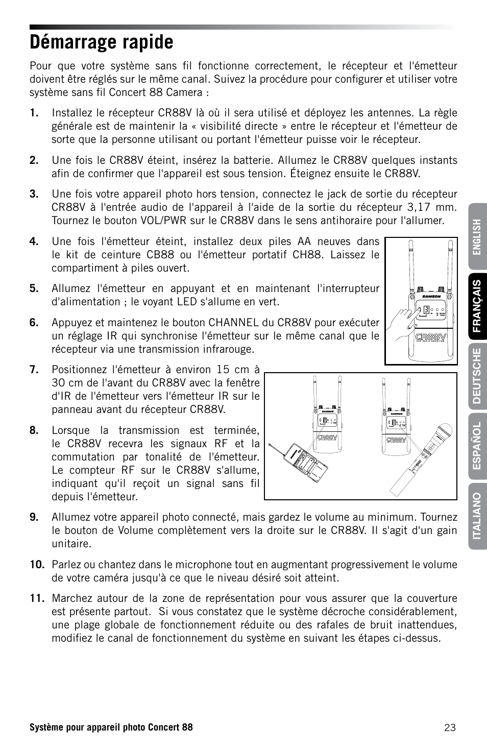 Démarrage rapide | Samson Concert 88 CR88XV Camera-Mount Wireless Receiver (D: 542 to 566 MHz) User Manual | Page 23 / 68