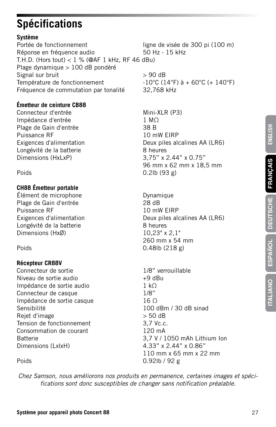 Spécifications | Samson Concert 88 CR88XV Camera-Mount Wireless Receiver (D: 542 to 566 MHz) User Manual | Page 27 / 68