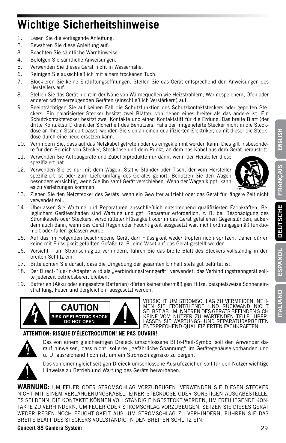 Wichtige sicherheitshinweise, Warnung | Samson Concert 88 CR88XV Camera-Mount Wireless Receiver (D: 542 to 566 MHz) User Manual | Page 29 / 68