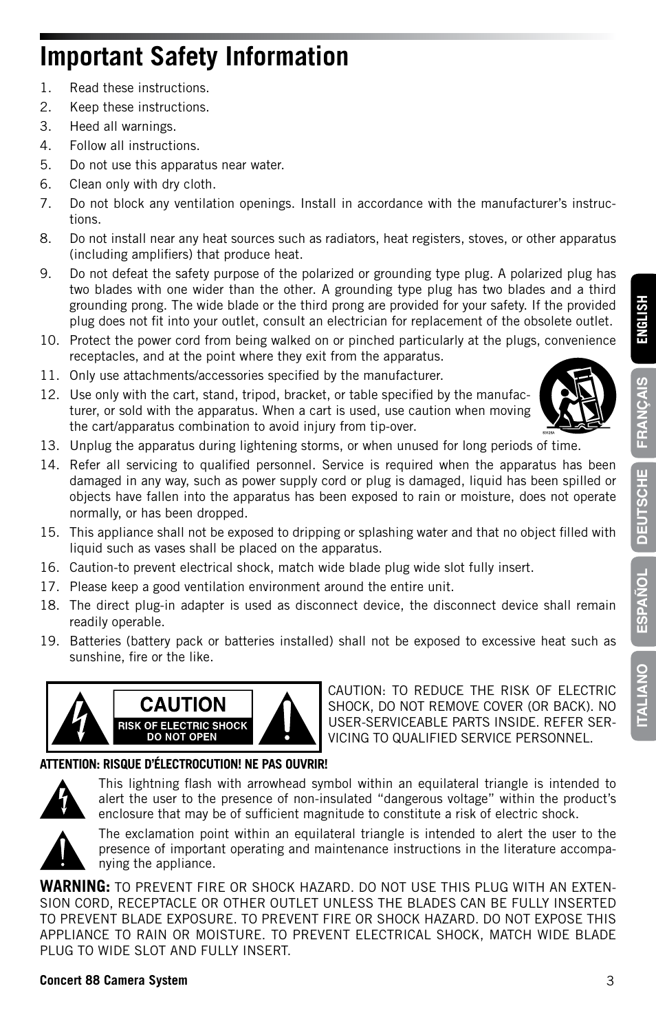 Important safety information, Warning | Samson Concert 88 CR88XV Camera-Mount Wireless Receiver (D: 542 to 566 MHz) User Manual | Page 3 / 68