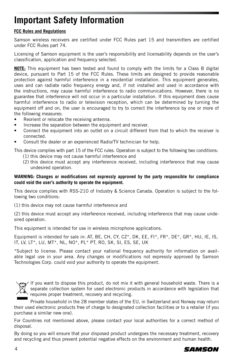 Important safety information | Samson Concert 88 CR88XV Camera-Mount Wireless Receiver (D: 542 to 566 MHz) User Manual | Page 4 / 68