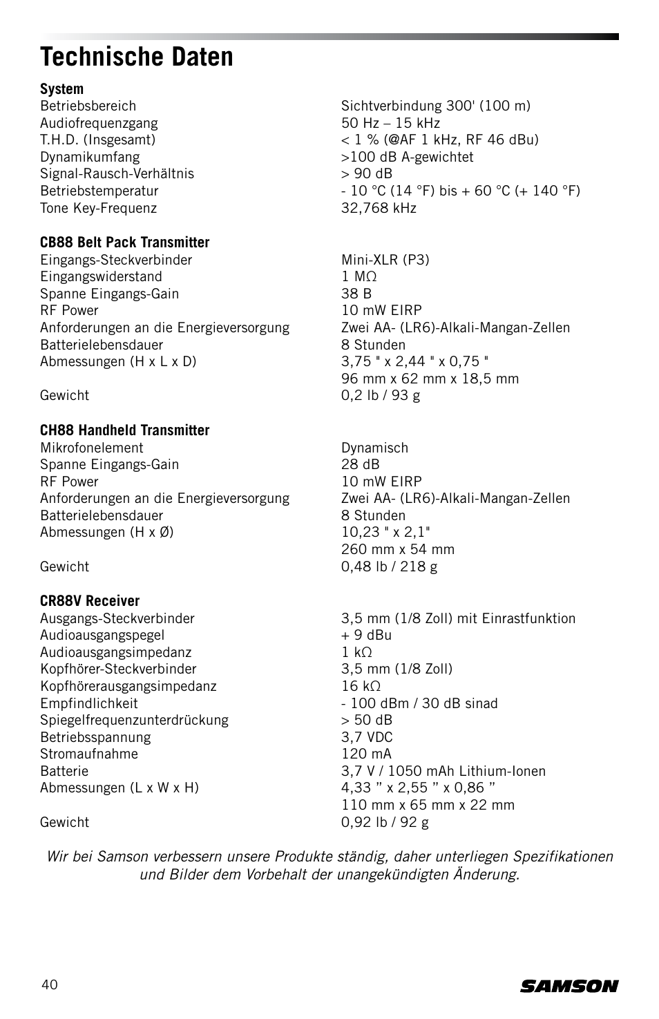 Technische daten | Samson Concert 88 CR88XV Camera-Mount Wireless Receiver (D: 542 to 566 MHz) User Manual | Page 40 / 68