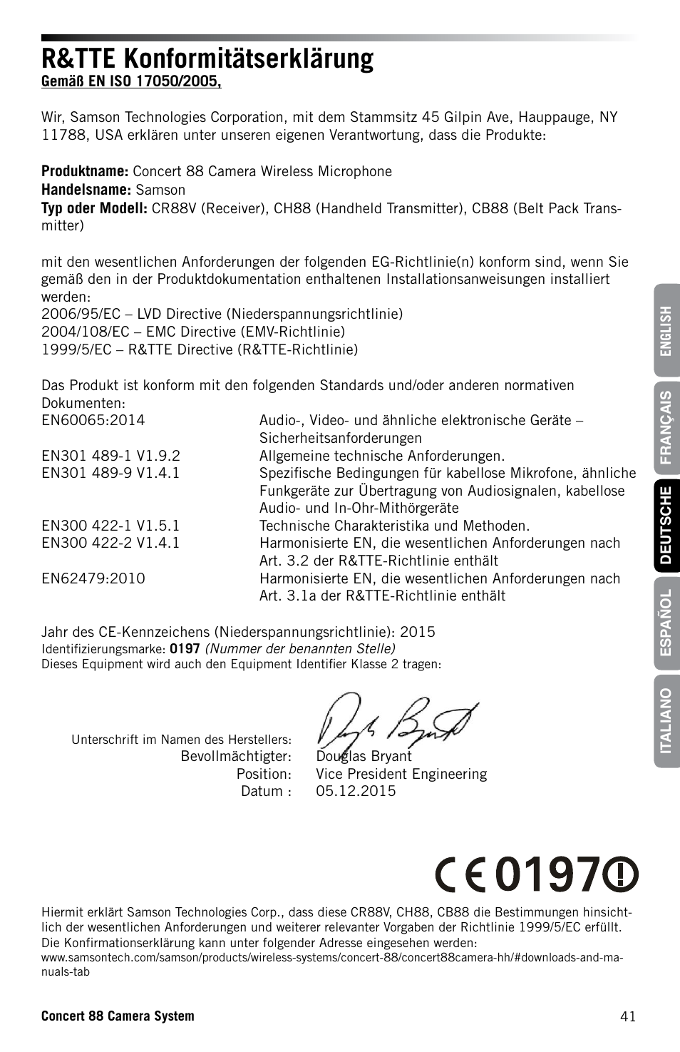 R&tte konformitätserklärung | Samson Concert 88 CR88XV Camera-Mount Wireless Receiver (D: 542 to 566 MHz) User Manual | Page 41 / 68