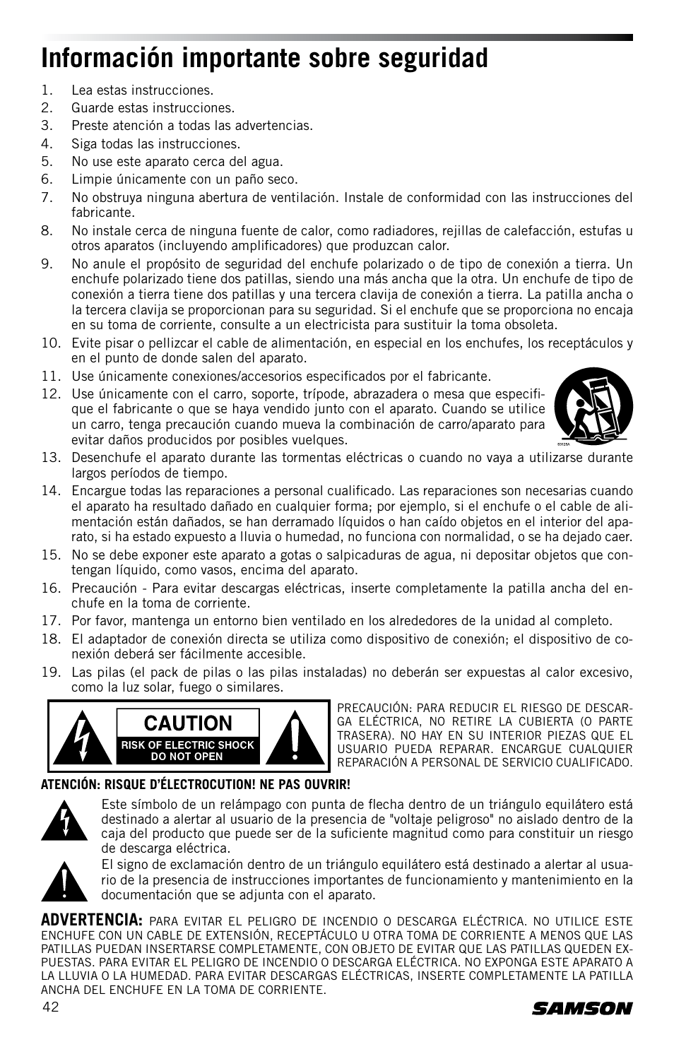 Información importante sobre seguridad, Advertencia | Samson Concert 88 CR88XV Camera-Mount Wireless Receiver (D: 542 to 566 MHz) User Manual | Page 42 / 68