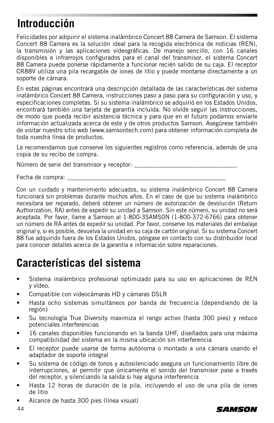 Características del sistema introducción | Samson Concert 88 CR88XV Camera-Mount Wireless Receiver (D: 542 to 566 MHz) User Manual | Page 44 / 68