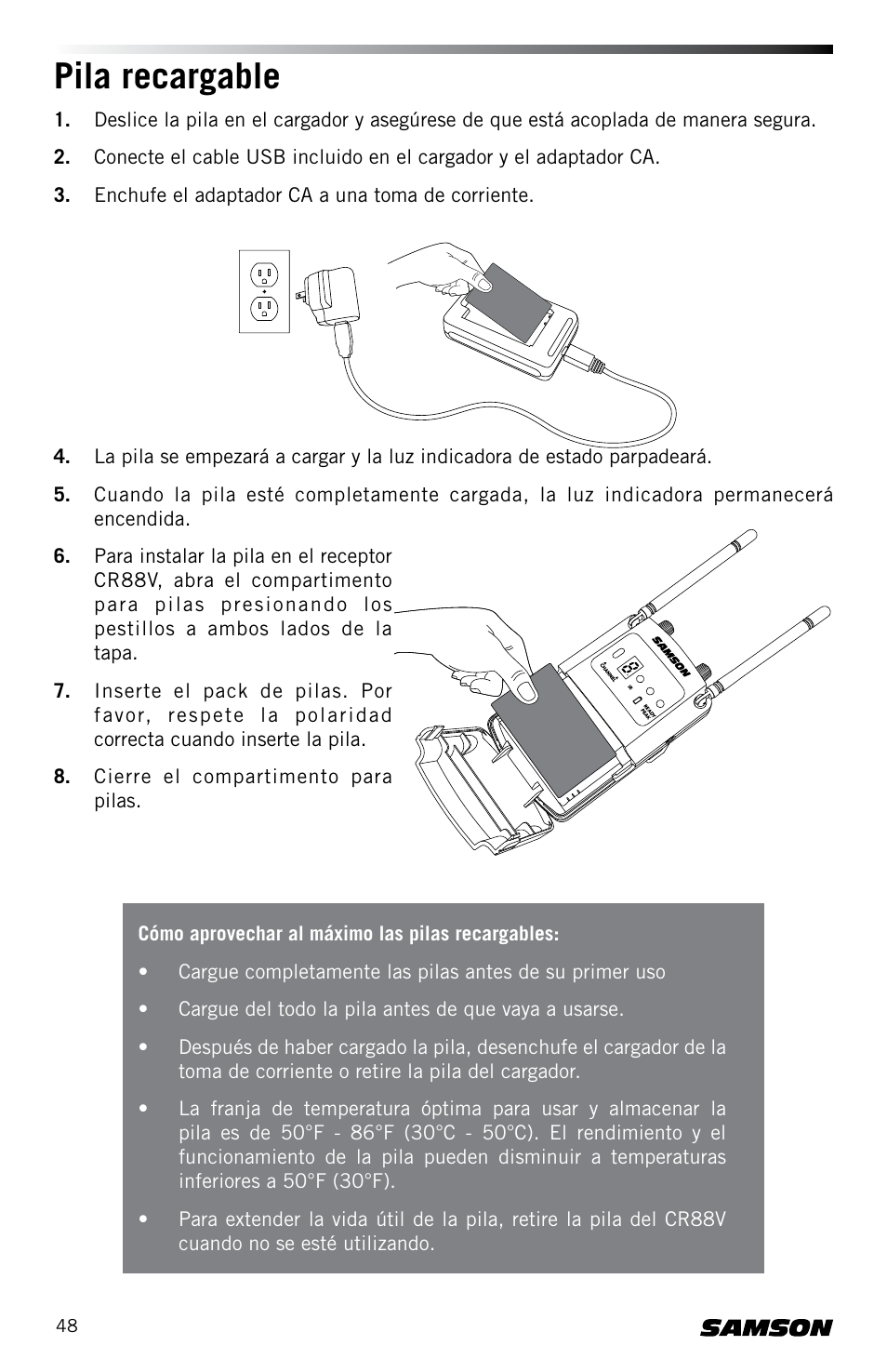 Pila recargable | Samson Concert 88 CR88XV Camera-Mount Wireless Receiver (D: 542 to 566 MHz) User Manual | Page 48 / 68