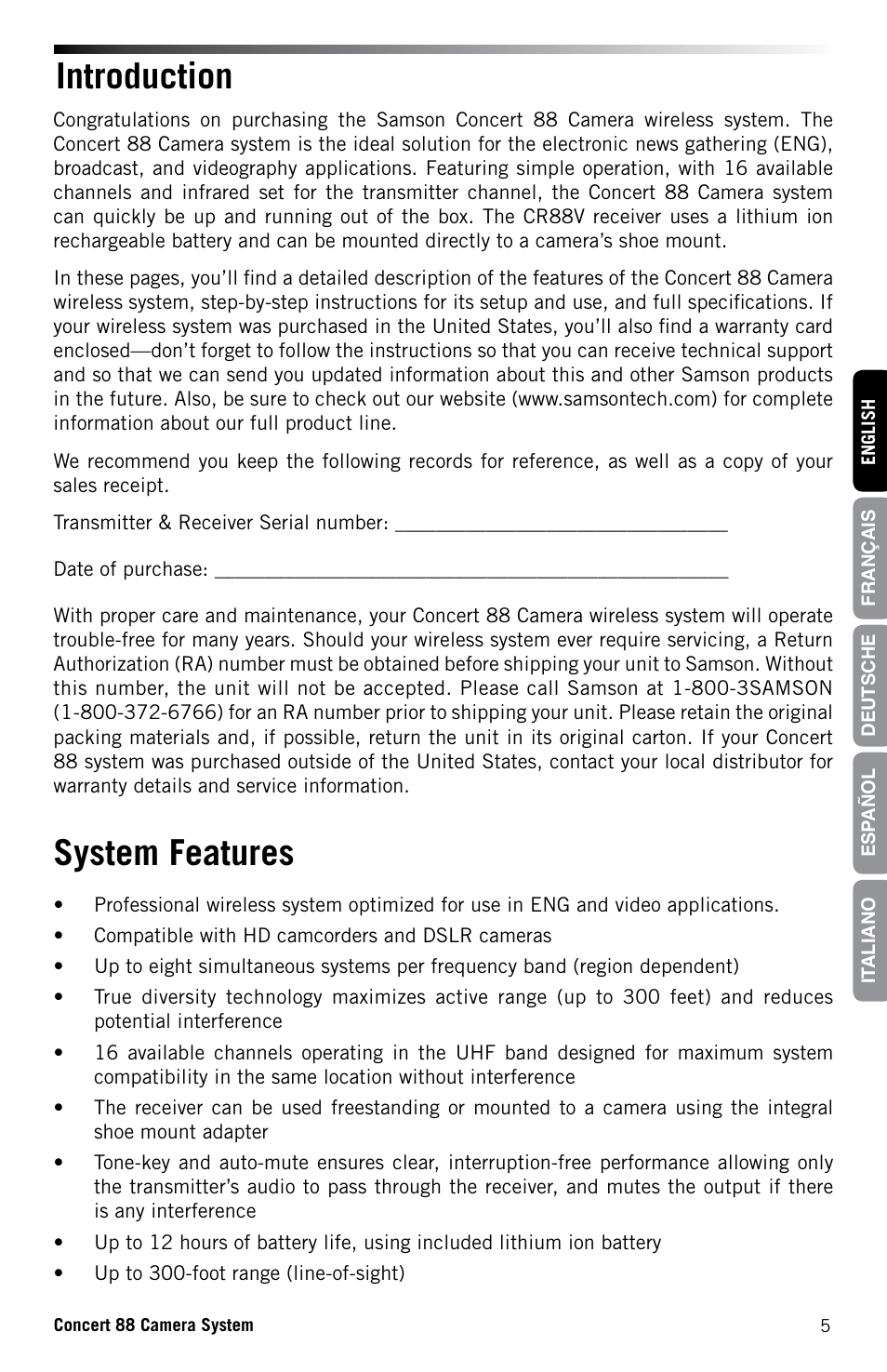 System features introduction | Samson Concert 88 CR88XV Camera-Mount Wireless Receiver (D: 542 to 566 MHz) User Manual | Page 5 / 68