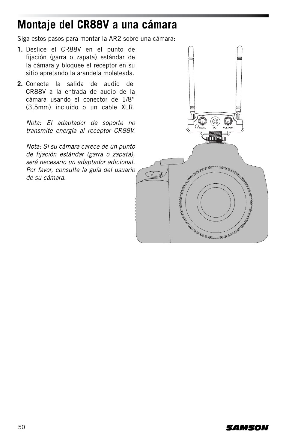 Montaje del cr88v a una cámara | Samson Concert 88 CR88XV Camera-Mount Wireless Receiver (D: 542 to 566 MHz) User Manual | Page 50 / 68