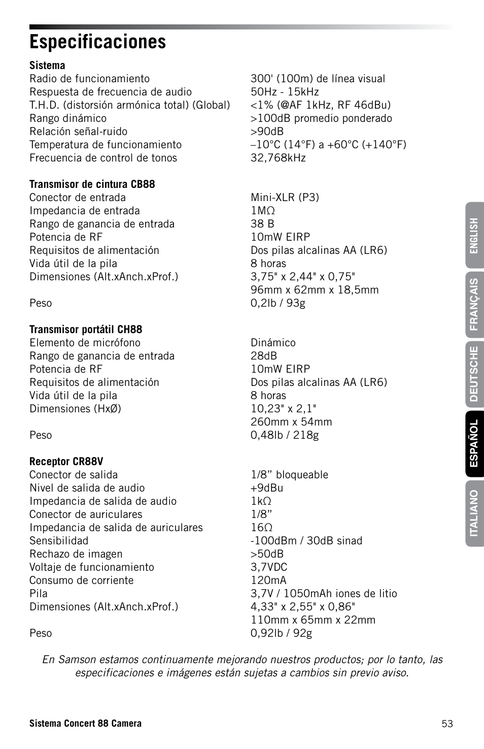 Especificaciones | Samson Concert 88 CR88XV Camera-Mount Wireless Receiver (D: 542 to 566 MHz) User Manual | Page 53 / 68