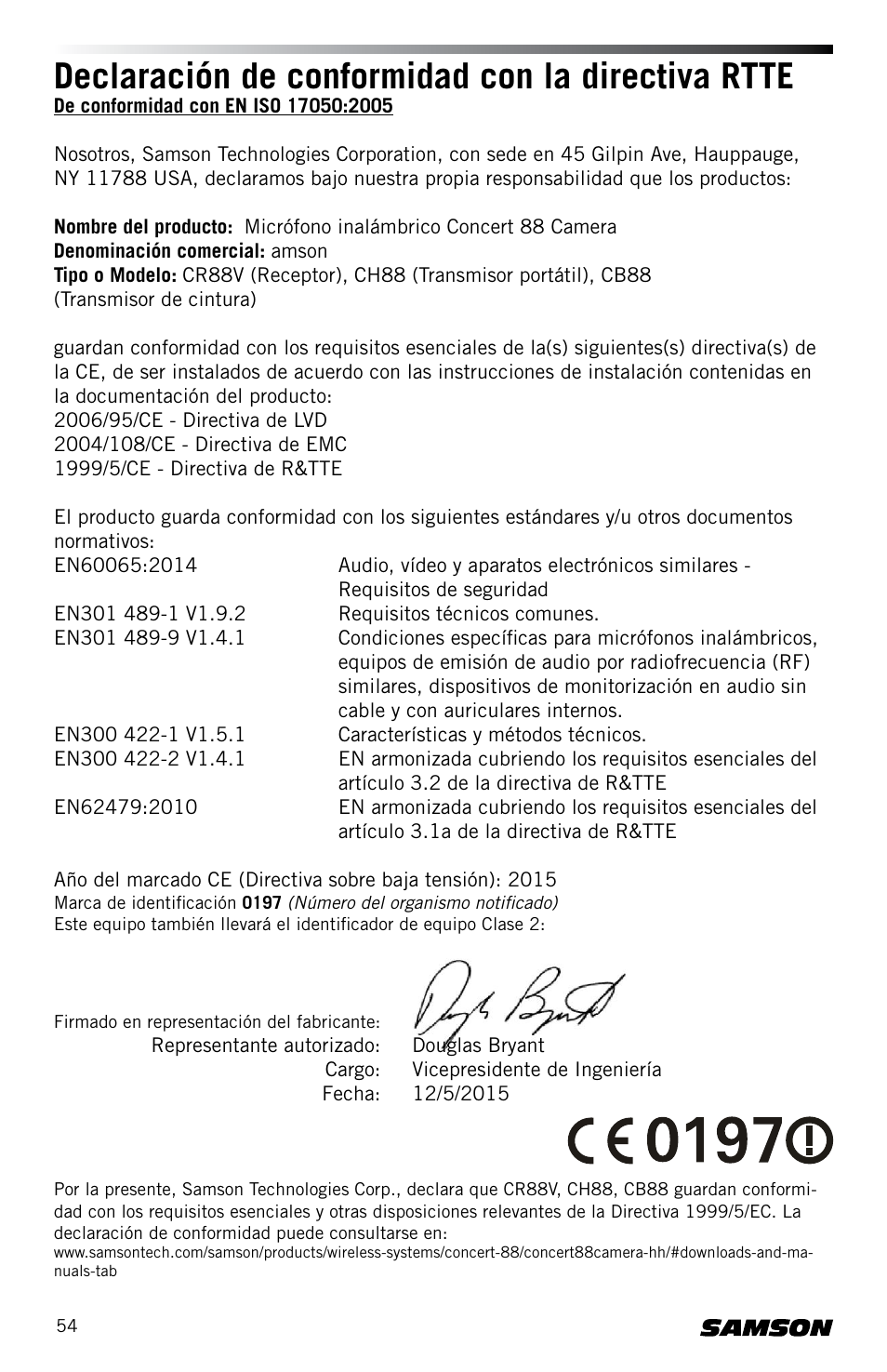 Declaración de conformidad con la directiva rtte | Samson Concert 88 CR88XV Camera-Mount Wireless Receiver (D: 542 to 566 MHz) User Manual | Page 54 / 68