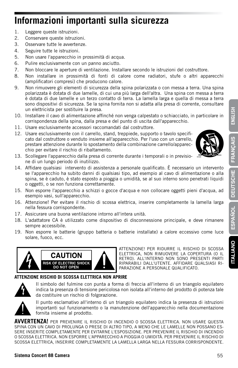 Informazioni importanti sulla sicurezza, Avvertenza | Samson Concert 88 CR88XV Camera-Mount Wireless Receiver (D: 542 to 566 MHz) User Manual | Page 55 / 68