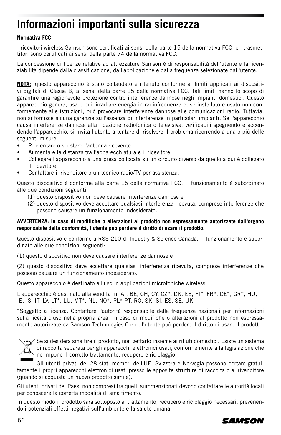 Informazioni importanti sulla sicurezza | Samson Concert 88 CR88XV Camera-Mount Wireless Receiver (D: 542 to 566 MHz) User Manual | Page 56 / 68