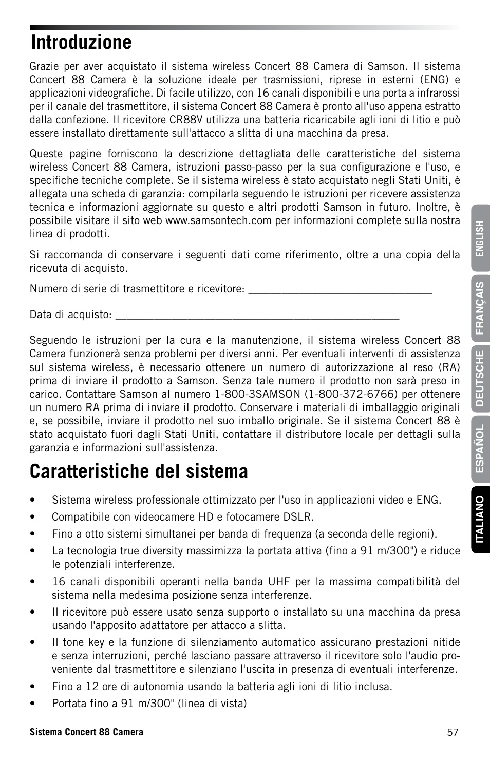 Caratteristiche del sistema introduzione | Samson Concert 88 CR88XV Camera-Mount Wireless Receiver (D: 542 to 566 MHz) User Manual | Page 57 / 68