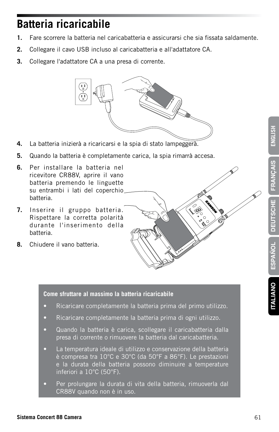 Batteria ricaricabile | Samson Concert 88 CR88XV Camera-Mount Wireless Receiver (D: 542 to 566 MHz) User Manual | Page 61 / 68