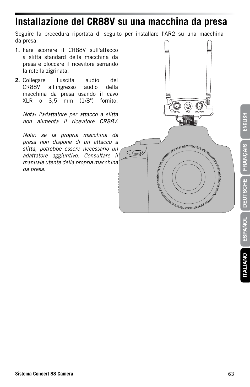 Installazione del cr88v su una macchina da presa | Samson Concert 88 CR88XV Camera-Mount Wireless Receiver (D: 542 to 566 MHz) User Manual | Page 63 / 68