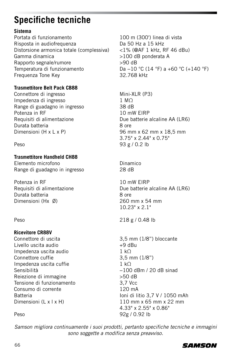 Specifiche tecniche | Samson Concert 88 CR88XV Camera-Mount Wireless Receiver (D: 542 to 566 MHz) User Manual | Page 66 / 68