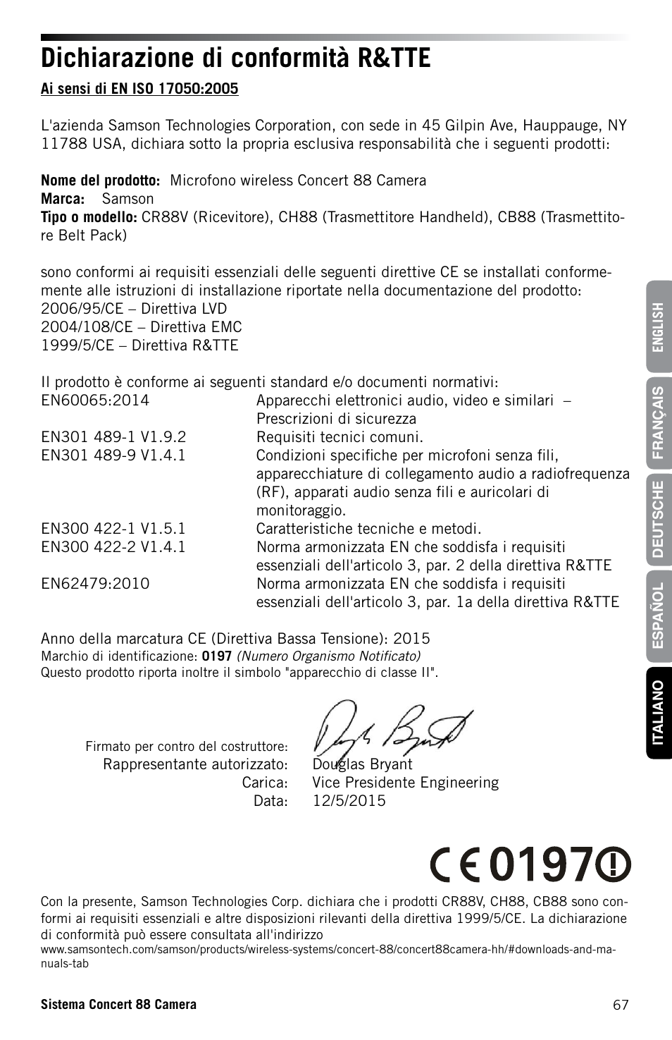 Dichiarazione di conformità r&tte | Samson Concert 88 CR88XV Camera-Mount Wireless Receiver (D: 542 to 566 MHz) User Manual | Page 67 / 68