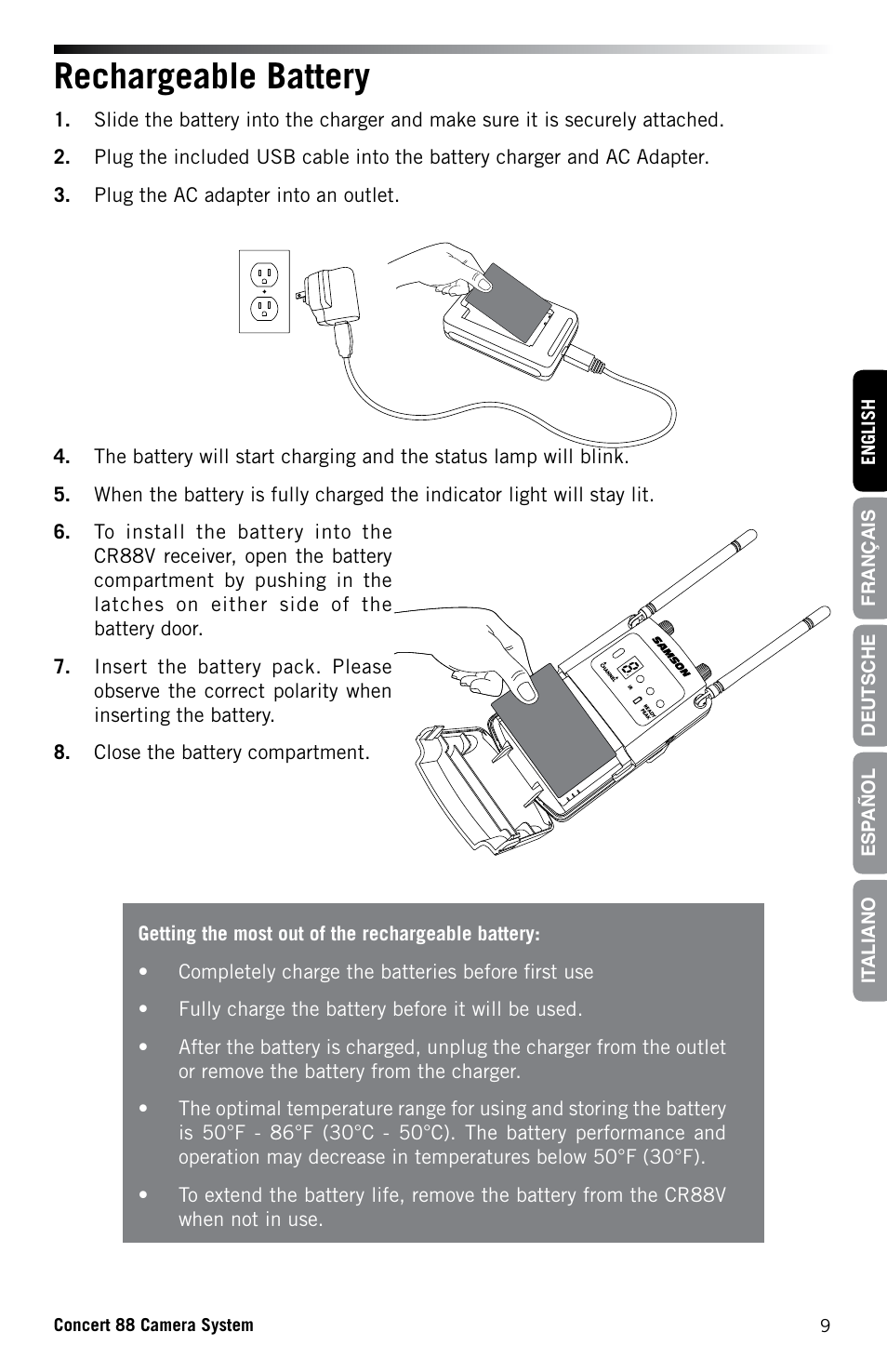 Rechargeable battery | Samson Concert 88 CR88XV Camera-Mount Wireless Receiver (D: 542 to 566 MHz) User Manual | Page 9 / 68