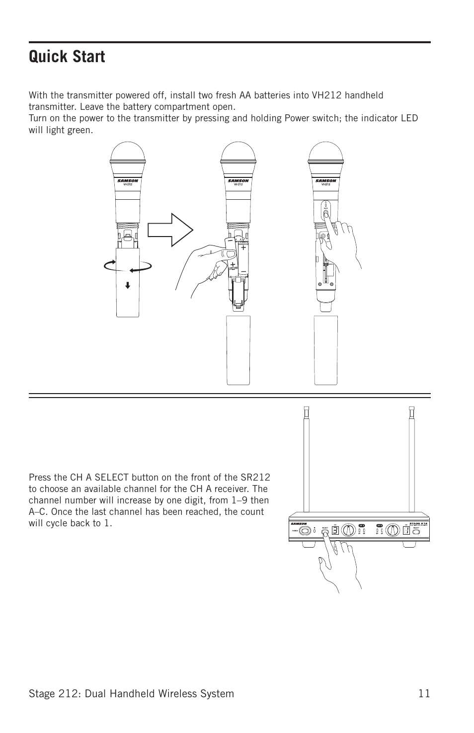 Quick start | Samson Stage 212 Frequency-Agile Dual-Channel Handheld VHF Wireless System (173 to 198 MHz) User Manual | Page 11 / 16