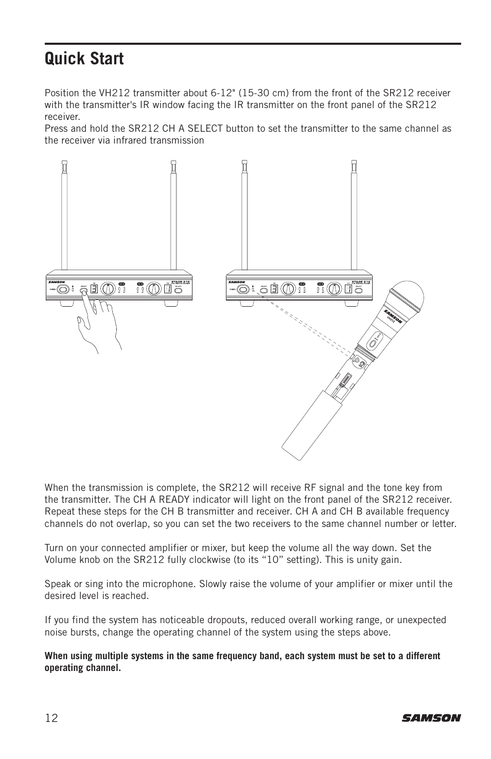 Quick start | Samson Stage 212 Frequency-Agile Dual-Channel Handheld VHF Wireless System (173 to 198 MHz) User Manual | Page 12 / 16