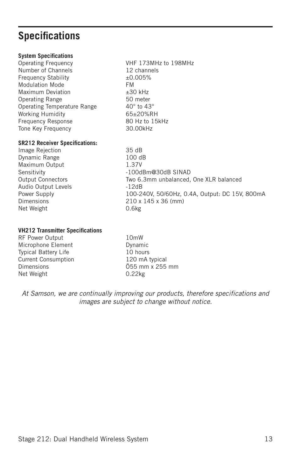 Specifications | Samson Stage 212 Frequency-Agile Dual-Channel Handheld VHF Wireless System (173 to 198 MHz) User Manual | Page 13 / 16