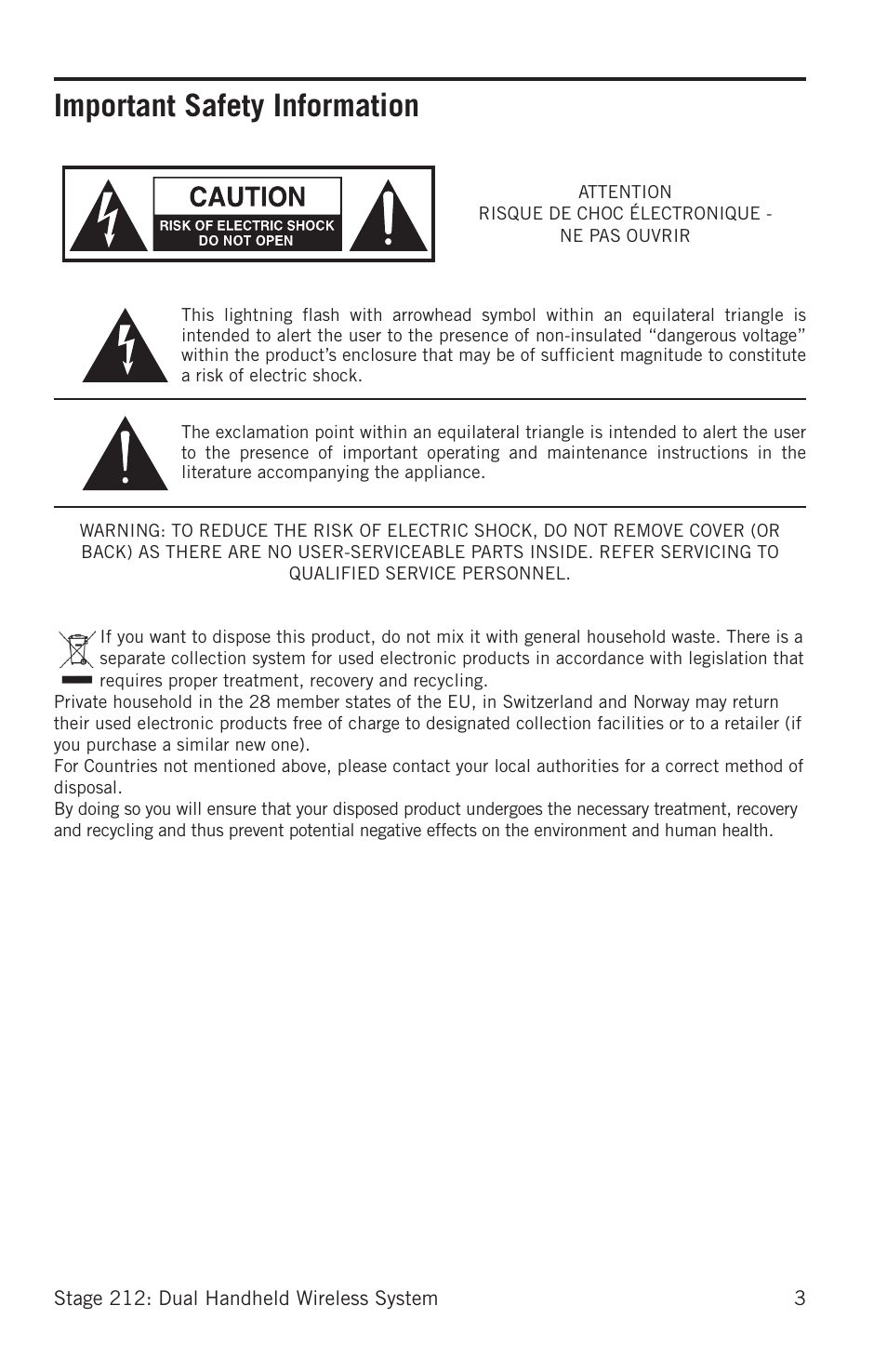 Important safety information | Samson Stage 212 Frequency-Agile Dual-Channel Handheld VHF Wireless System (173 to 198 MHz) User Manual | Page 3 / 16
