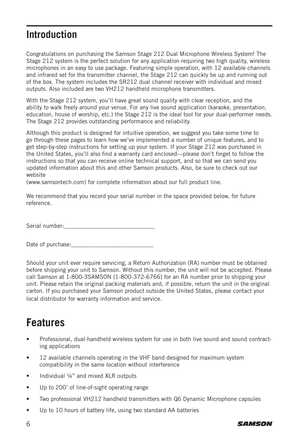 Features, Introduction | Samson Stage 212 Frequency-Agile Dual-Channel Handheld VHF Wireless System (173 to 198 MHz) User Manual | Page 6 / 16