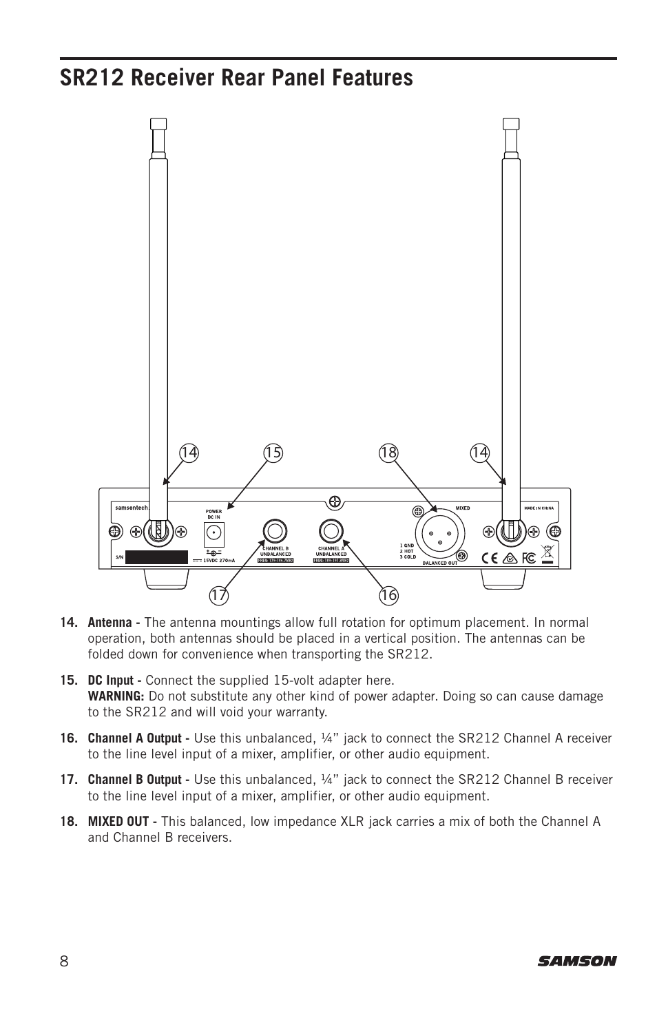 Sr212 receiver rear panel features | Samson Stage 212 Frequency-Agile Dual-Channel Handheld VHF Wireless System (173 to 198 MHz) User Manual | Page 8 / 16