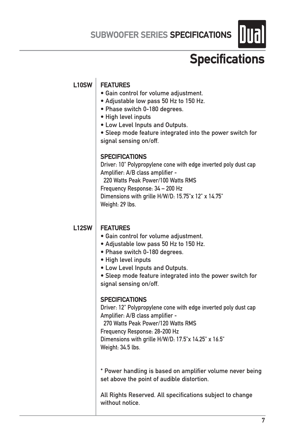 Specifications, Subwoofer series specifications | Dual L10SW User Manual | Page 7 / 8