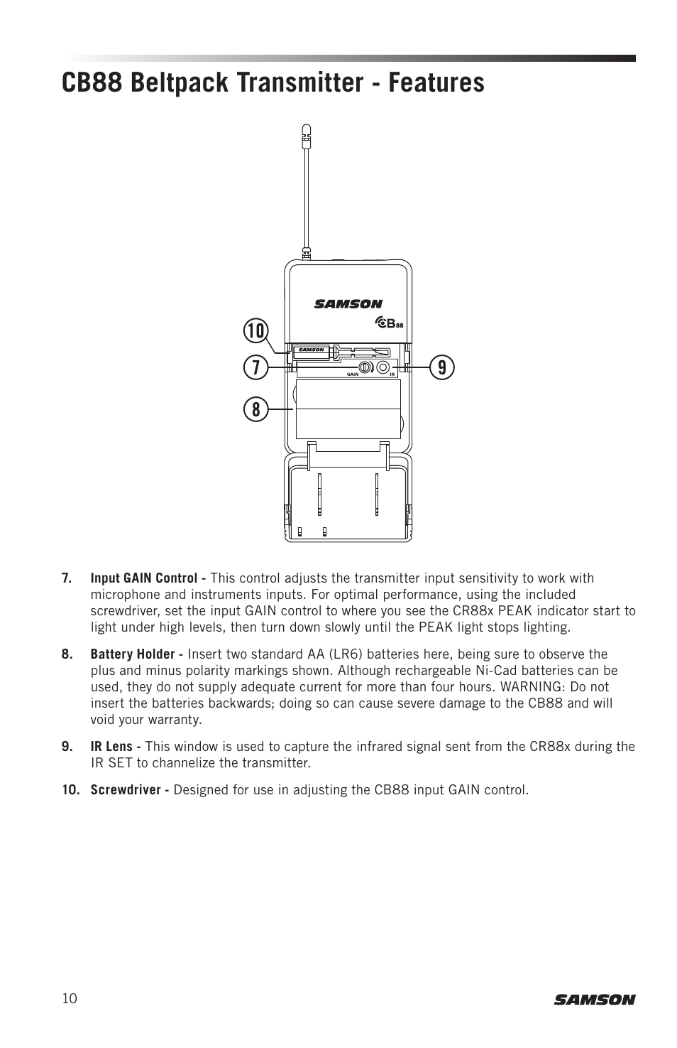 Cb88 beltpack transmitter - features | Samson Concert 88x Wireless Lavalier Microphone System with LM10 Miniature Lav (D: 542 to 566 MHz) User Manual | Page 10 / 84