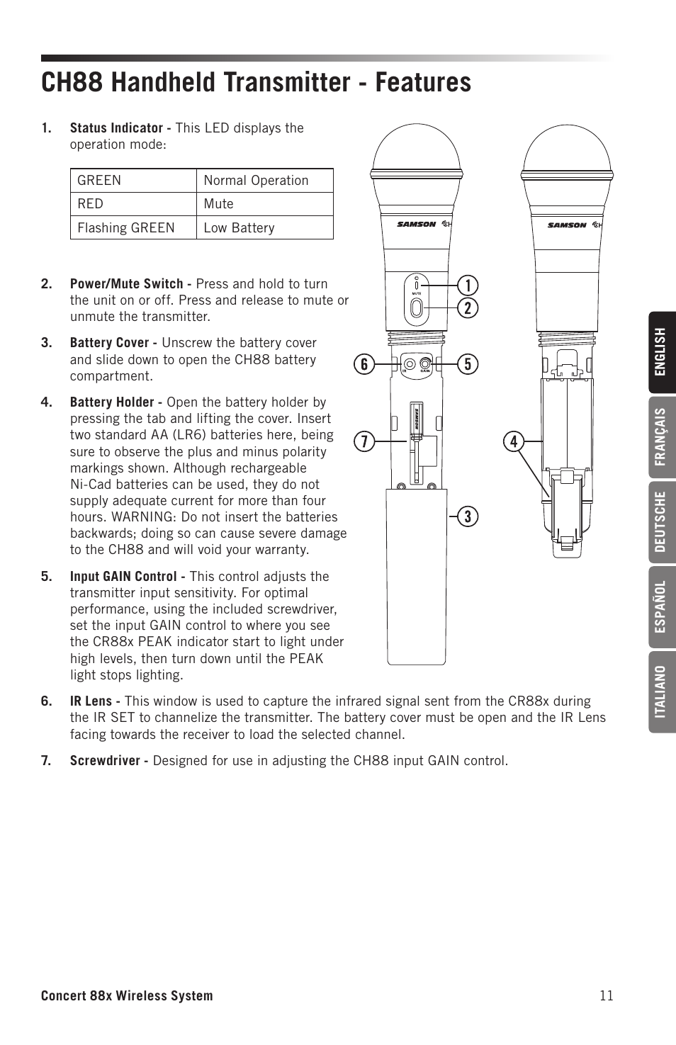 Ch88 handheld transmitter - features | Samson Concert 88x Wireless Lavalier Microphone System with LM10 Miniature Lav (D: 542 to 566 MHz) User Manual | Page 11 / 84
