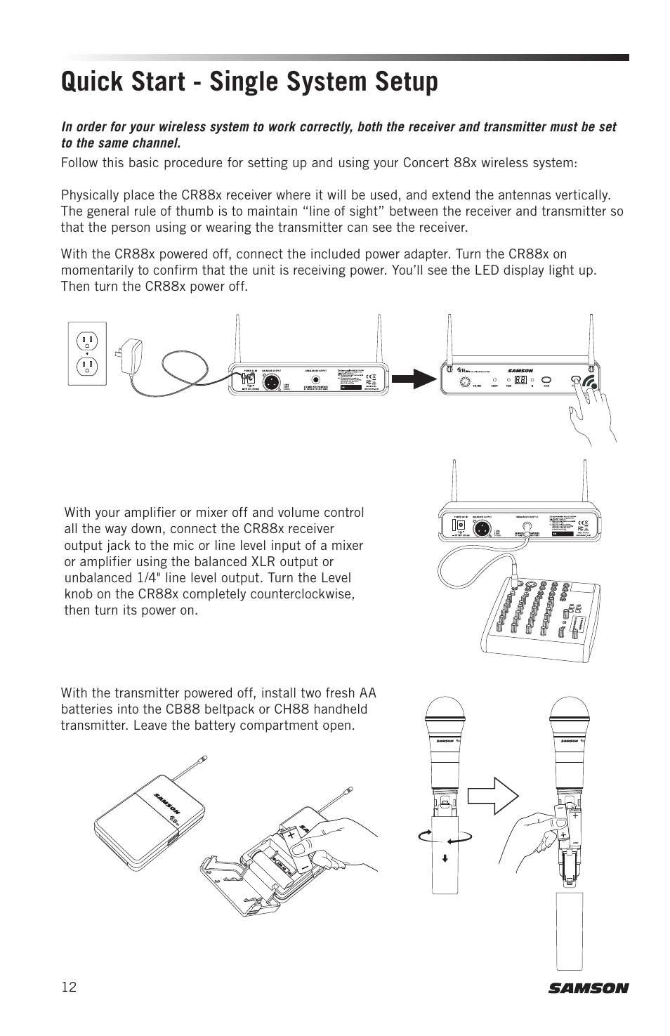 Quick start - single system setup | Samson Concert 88x Wireless Lavalier Microphone System with LM10 Miniature Lav (D: 542 to 566 MHz) User Manual | Page 12 / 84