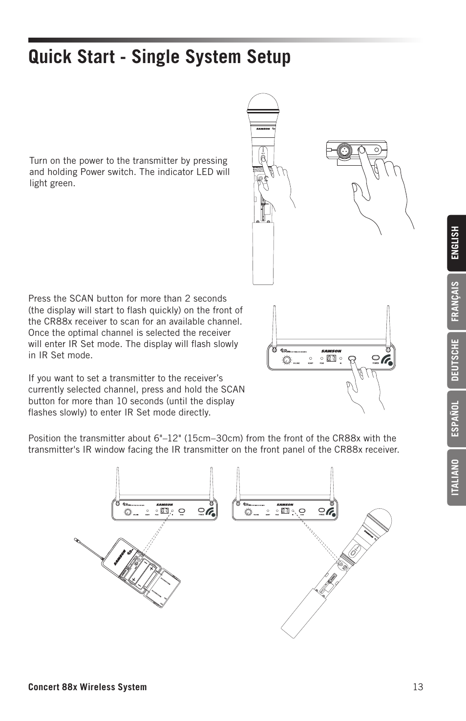 Quick start - single system setup | Samson Concert 88x Wireless Lavalier Microphone System with LM10 Miniature Lav (D: 542 to 566 MHz) User Manual | Page 13 / 84