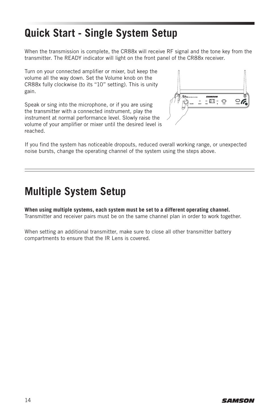 Quick start - single system setup, Multiple system setup | Samson Concert 88x Wireless Lavalier Microphone System with LM10 Miniature Lav (D: 542 to 566 MHz) User Manual | Page 14 / 84