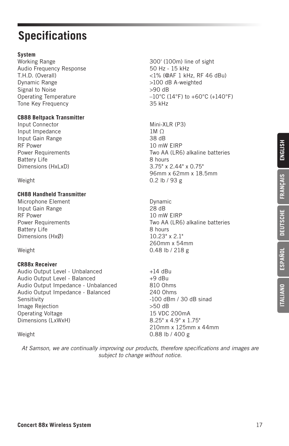 Specifications | Samson Concert 88x Wireless Lavalier Microphone System with LM10 Miniature Lav (D: 542 to 566 MHz) User Manual | Page 17 / 84