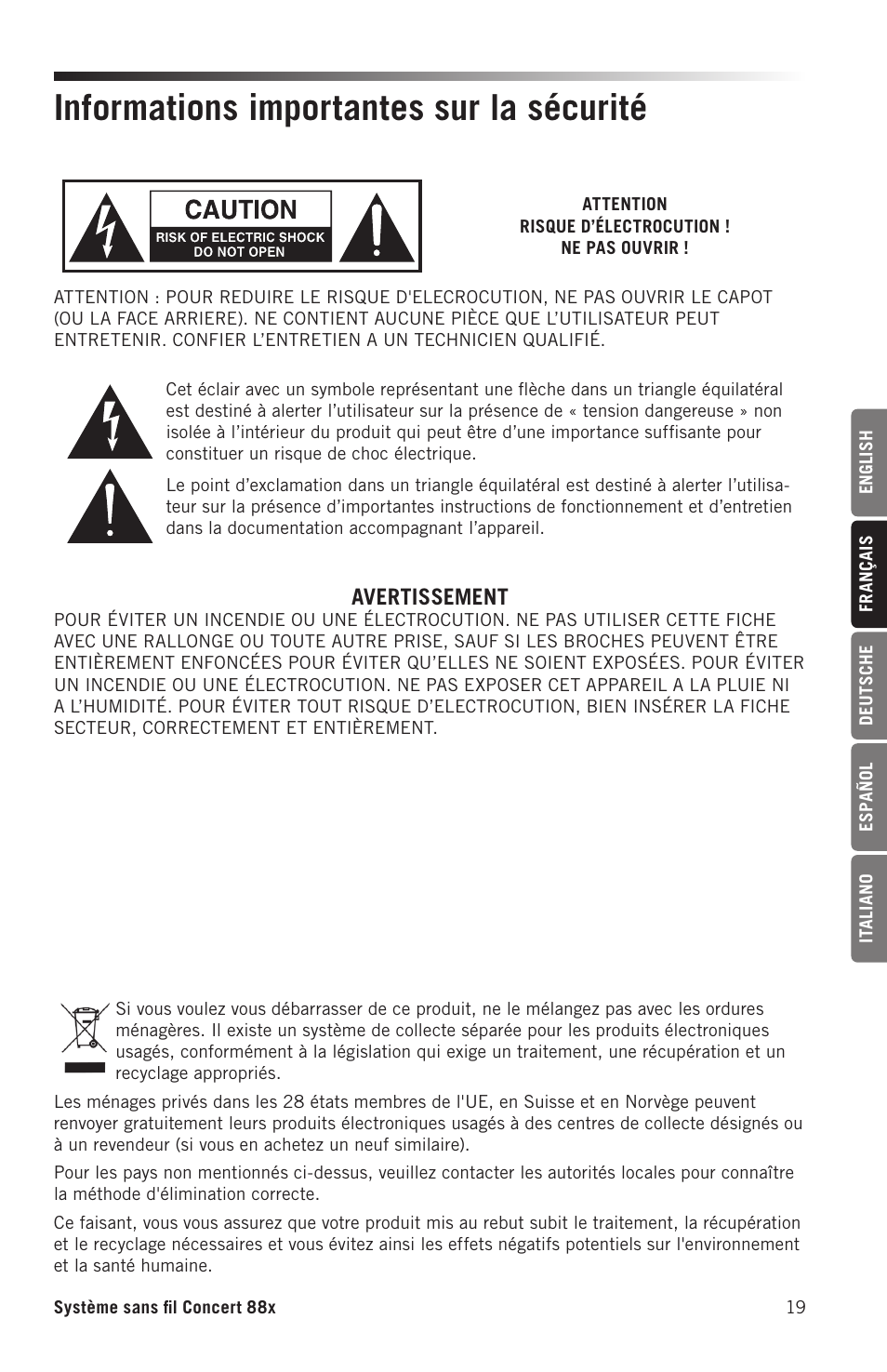 Informations importantes sur la sécurité, Avertissement | Samson Concert 88x Wireless Lavalier Microphone System with LM10 Miniature Lav (D: 542 to 566 MHz) User Manual | Page 19 / 84