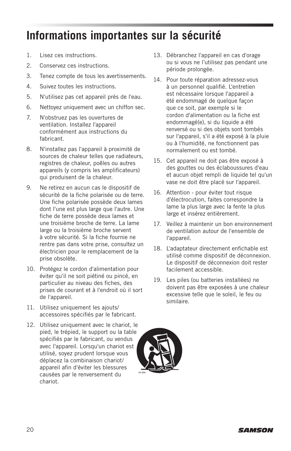 Informations importantes sur la sécurité | Samson Concert 88x Wireless Lavalier Microphone System with LM10 Miniature Lav (D: 542 to 566 MHz) User Manual | Page 20 / 84