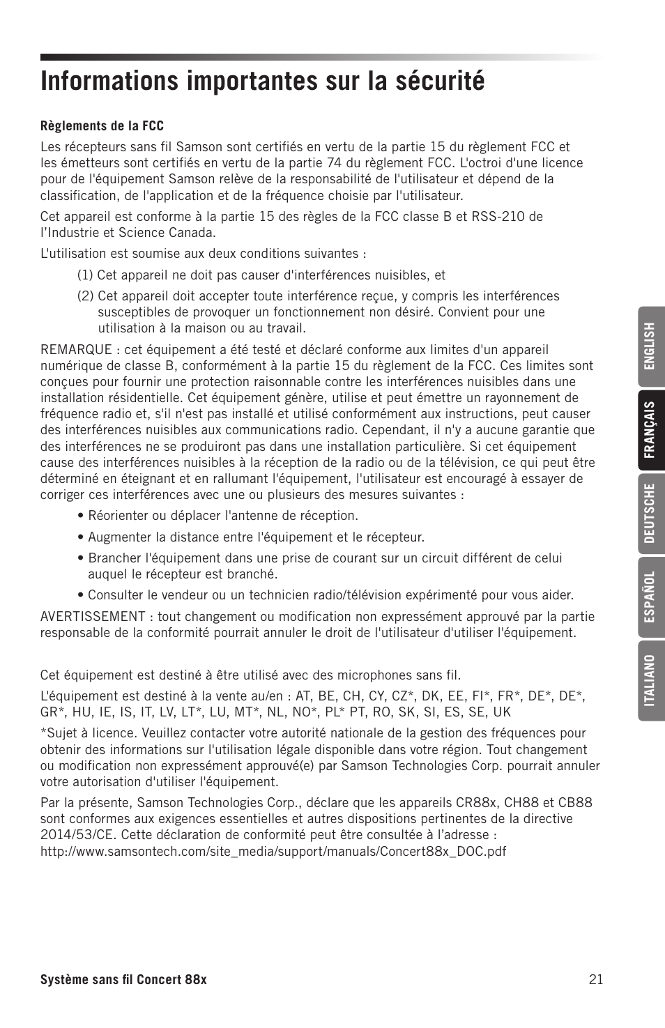 Informations importantes sur la sécurité | Samson Concert 88x Wireless Lavalier Microphone System with LM10 Miniature Lav (D: 542 to 566 MHz) User Manual | Page 21 / 84