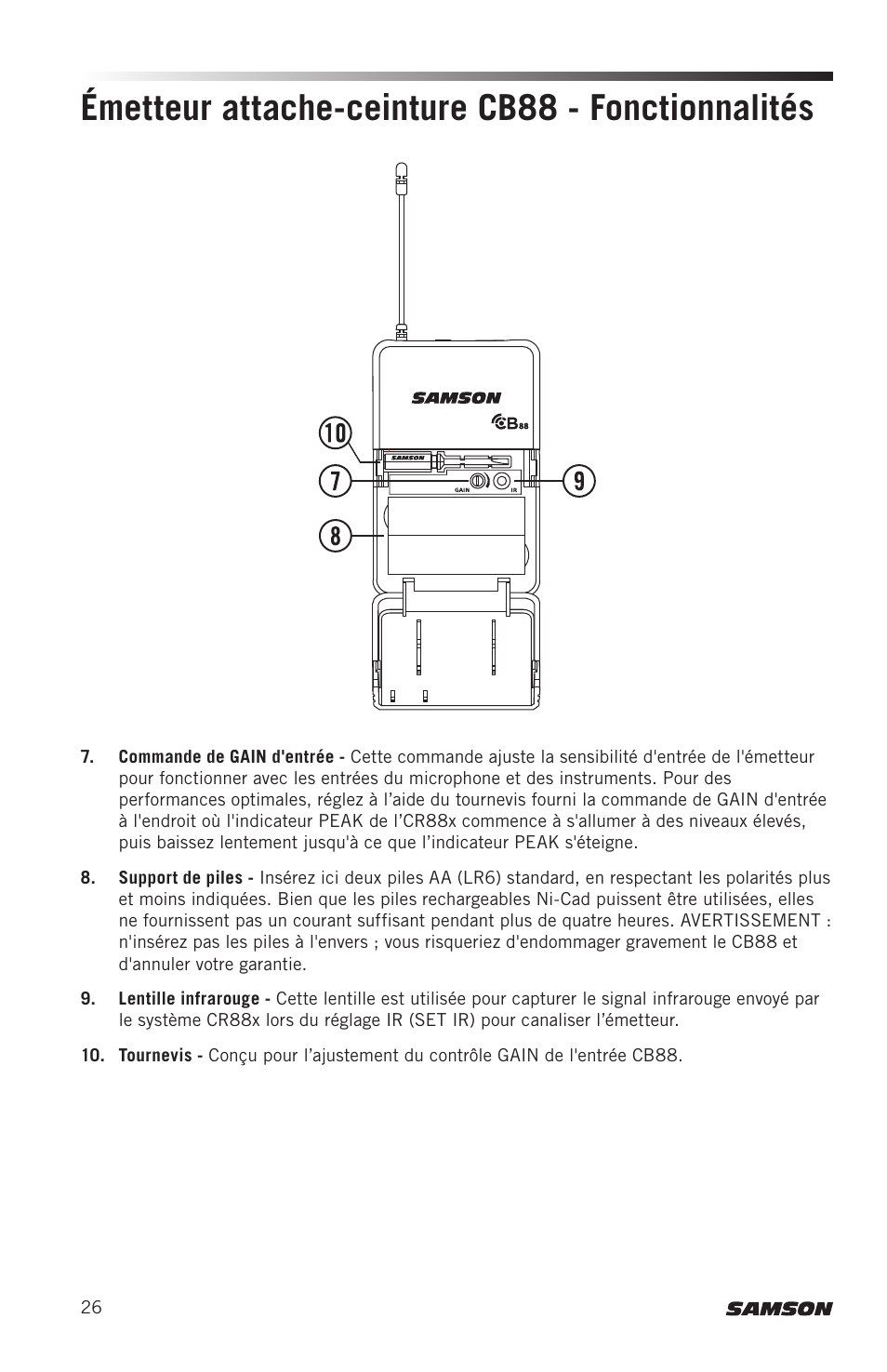 Émetteur attache-ceinture cb88 - fonctionnalités | Samson Concert 88x Wireless Lavalier Microphone System with LM10 Miniature Lav (D: 542 to 566 MHz) User Manual | Page 26 / 84