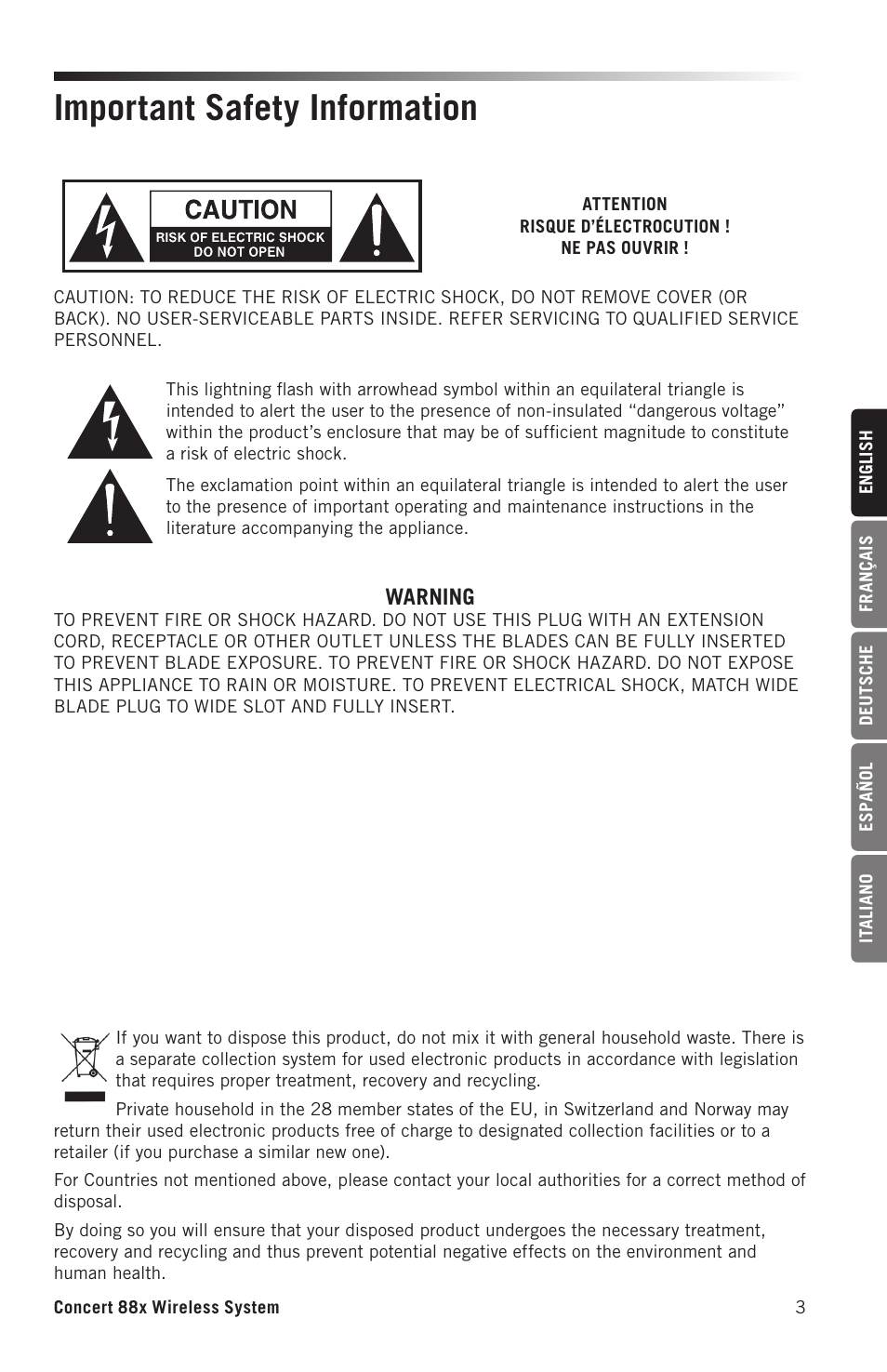 Important safety information, Warning | Samson Concert 88x Wireless Lavalier Microphone System with LM10 Miniature Lav (D: 542 to 566 MHz) User Manual | Page 3 / 84