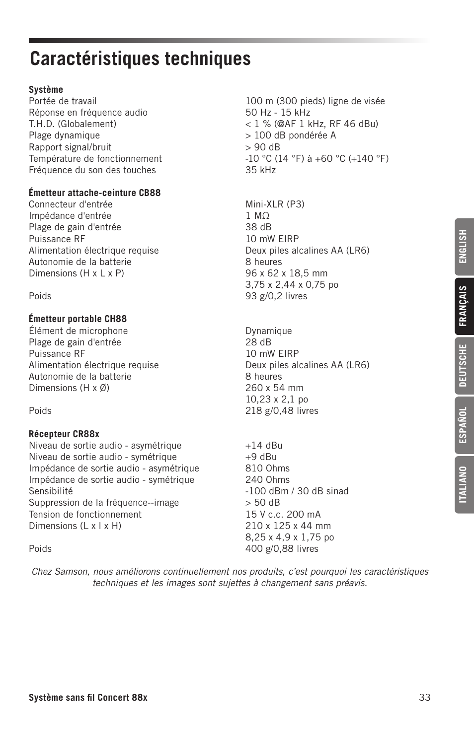 Caractéristiques techniques | Samson Concert 88x Wireless Lavalier Microphone System with LM10 Miniature Lav (D: 542 to 566 MHz) User Manual | Page 33 / 84