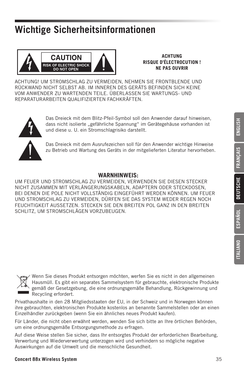 Wichtige sicherheitsinformationen, Warnhinweis | Samson Concert 88x Wireless Lavalier Microphone System with LM10 Miniature Lav (D: 542 to 566 MHz) User Manual | Page 35 / 84