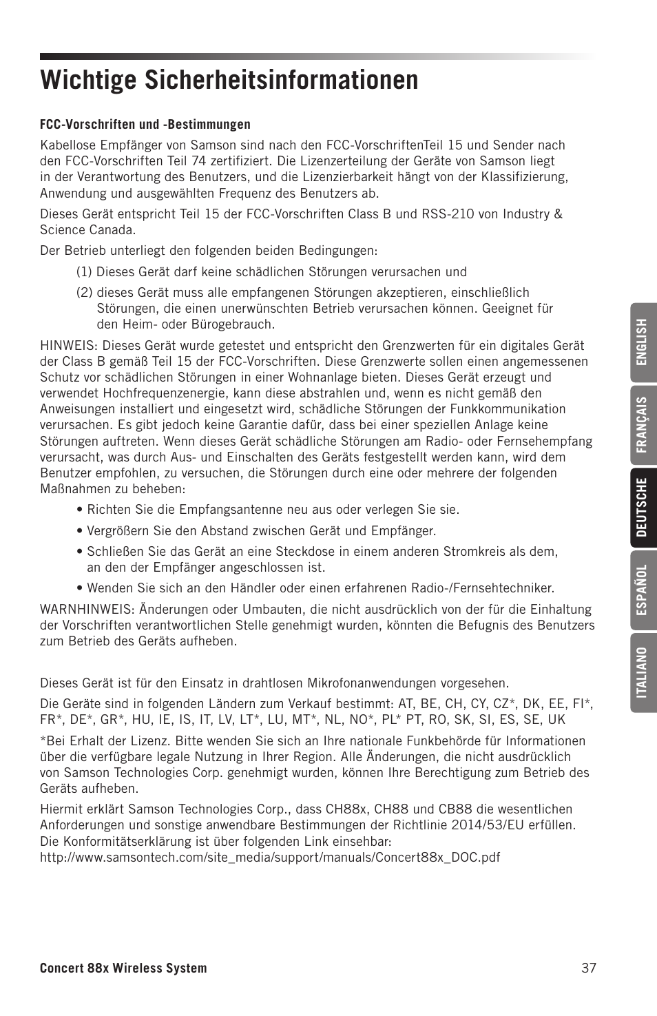 Wichtige sicherheitsinformationen | Samson Concert 88x Wireless Lavalier Microphone System with LM10 Miniature Lav (D: 542 to 566 MHz) User Manual | Page 37 / 84